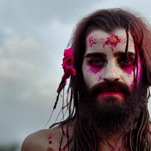 Prompt: 3 5 mm coloured film portrait of emma watson as aghori sadhu covered in ash creature, hyperrealism, celestial red flowers vibe, photorealistic, detailed, atmospheric, 8 k, award winning photography, cinematic