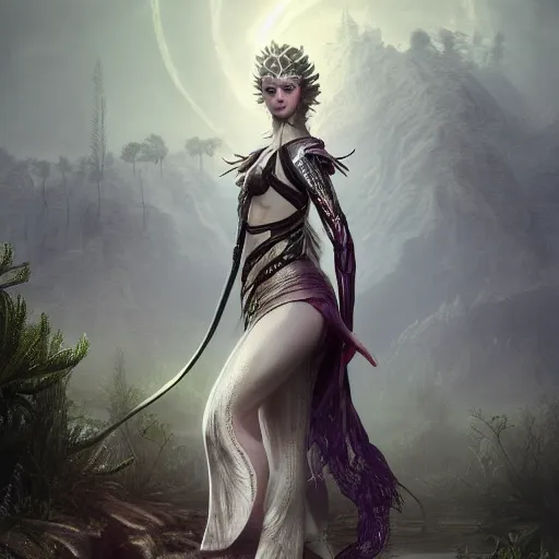 Image similar to picture generation, soft painting curiosities ornaments synthwave, beautiful elven female warrior in full long dress, accurate features, focus, very intricate ultrafine details, black white purple volumetric clouds, award winning masterpiece, octane render 8 k hd, tom bagshaw artstyle, fantasy forest