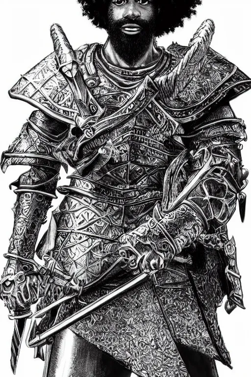 Image similar to black man with afro hair and raspy beard stubble as a knight, highly detailed, anatomically correct, black and white, manga, art by kentaro miura