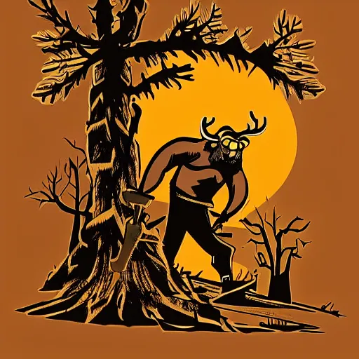 Prompt: night forest scene with lumberjack, illustration in style of hellboy