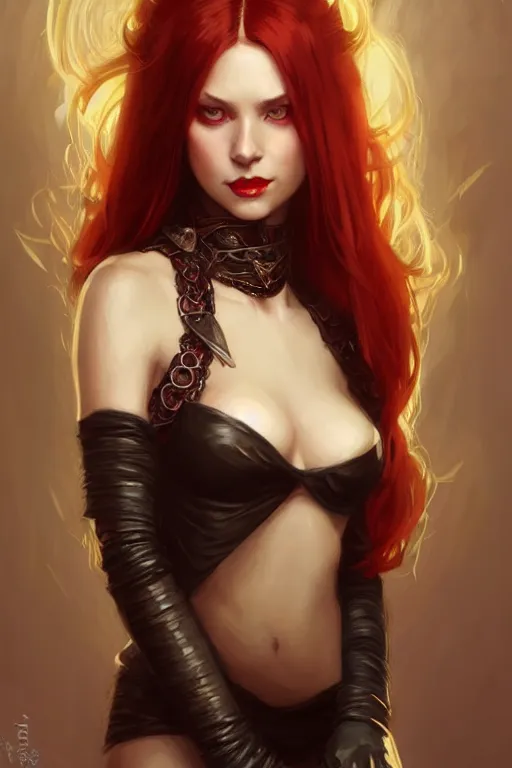 Image similar to Portrait of seductive female rogue, D&D, revealing stylish dress, choker on neck, long blonde or red hair, mouth slightly open, slight nerdy smile, fantasy, intricate, elegant, highly detailed, digital painting, artstation, concept art, smooth, sharp focus, illustration, art by artgerm and greg rutkowski and alphonse mucha