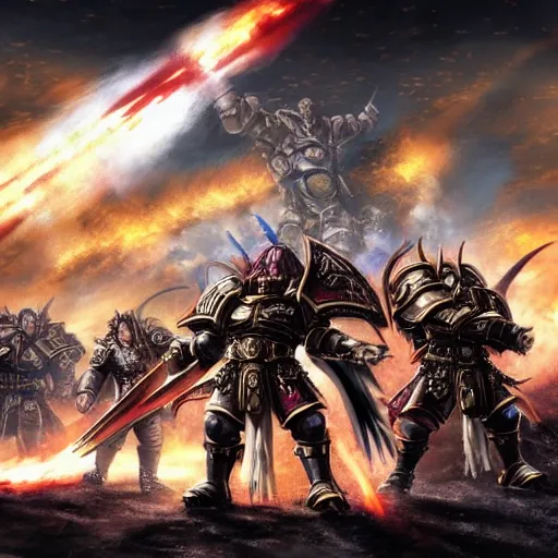 Image similar to The Emperor of mankind together with the primarchs are fighting against the Orcs. Epic battle, brutal style, super quality, 4k.