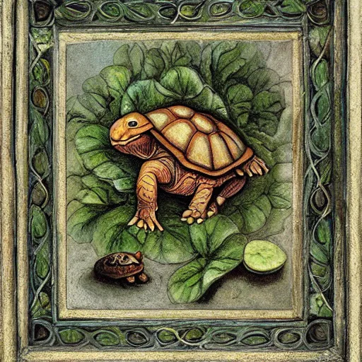 Image similar to Tortoise eating lettuce, art noveau, HD