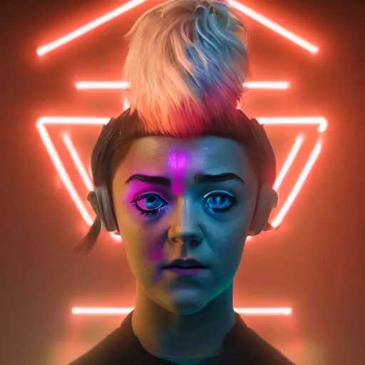 Prompt: Maisie Williams, neon glowing veins on face, cyberpunk background, straight hairstyle, white eyes, blonde hair, realistic render, short hair, unreal engine render, Icaro Carvalho