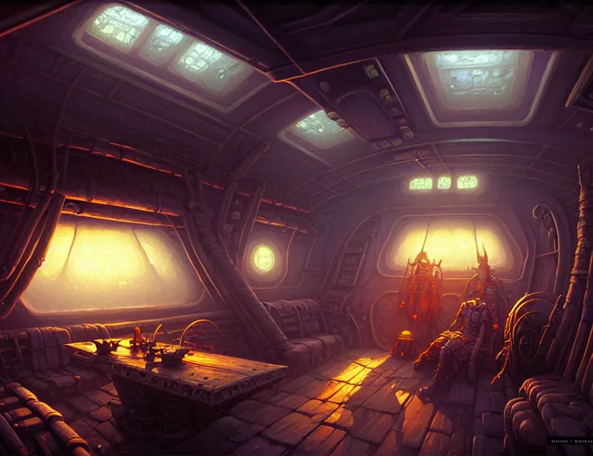 Prompt: interior view in the captain's cabin of a flying ship, d & d planescape fantasy art, artstation contest winner, beautiful digital painting in the style of dan mumford, art by kev chan, volumetric lighting, concept art, speedpainting, fantasypunk, deep colors, cgsociety, by gerald brom, by greg rutkowski, by ruan jia