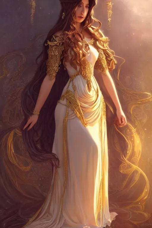 Image similar to beautiful female princess, long dress, full body shot, long hair, d & d, fantasy, intricate, elegant, golden trims, highly detailed, digital painting, artstation, concept art, matte, sharp focus, illustration, hearthstone, art by artgerm and greg rutkowski and alphonse mucha