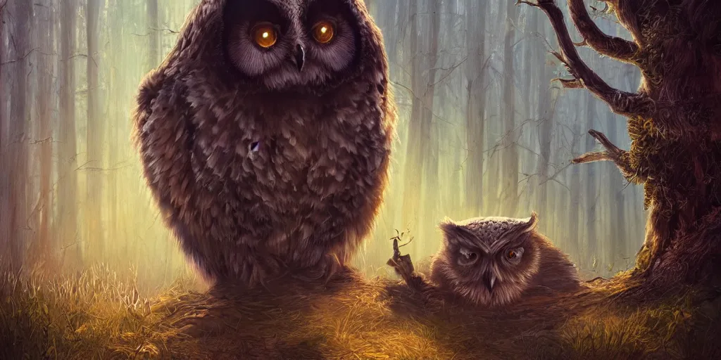 Image similar to an owl and bear hybrid, vintage disney, golden hour lighting, Gothic ,Fantasy style, serene, quiet, light, calm, subtle, peaceful, Photorealistic, Award Winning, Trending on ArtStation, Detailed