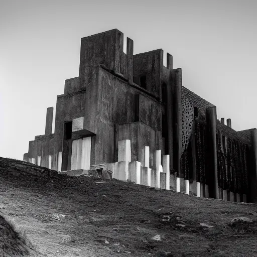 Image similar to black and white photograph of an intimidating and mysterious brutalist cathedral built into the side of a Himalayan mountain at a high elevation, designed by I.M. Pei and Giger, cinematic lighting, dramatic masterpiece