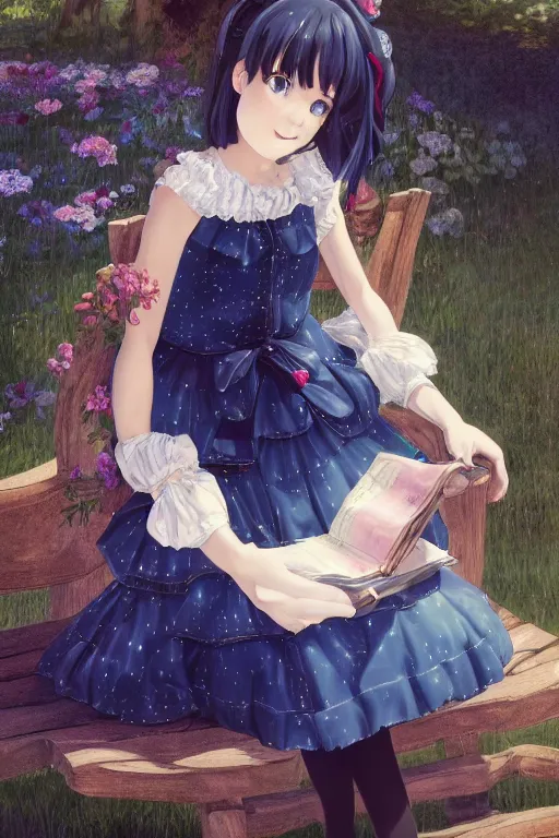 Image similar to a beautiful hyperdetailed portrait render of black - haired little girl in a blue lolita dress with stars and petticoat sitting on a bench in a botanical garden, atmospheric lighting, style of makoto shinkai, raphael lacoste