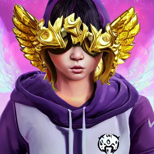 Prompt: baby Angel, baby cherub,wearing angel, face covered, Gucci, x logo, halo, ski mask, balaclava, face covered, wearing angel halo covered face, orange hoodie, hip hop, multiple golden necklaces, Nike, fantasy art apex fortnite Video game icon, 2d game art gta5 cover , official fanart behance hd artstation by Jesper Ejsing, by RHADS, Makoto Shinkai and Lois van baarle, ilya kuvshinov, rossdraws