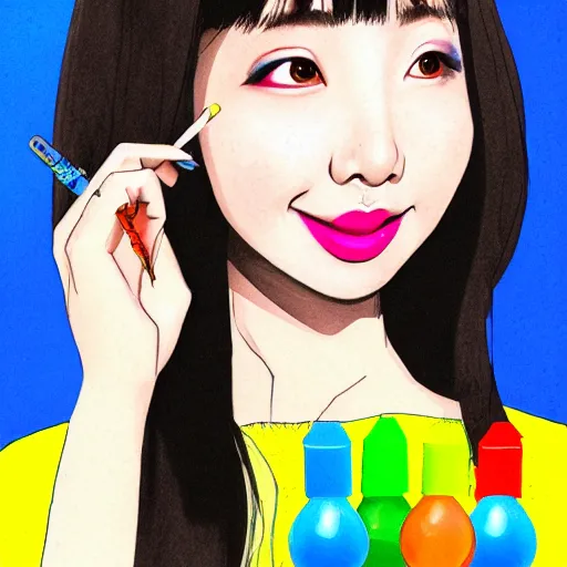 Image similar to an illustration that caricaturizes im nayeon of twice, highly detailed, refined spontaneity, colorful, bubbles, candy - coated, sugary sweet, yellows and blues