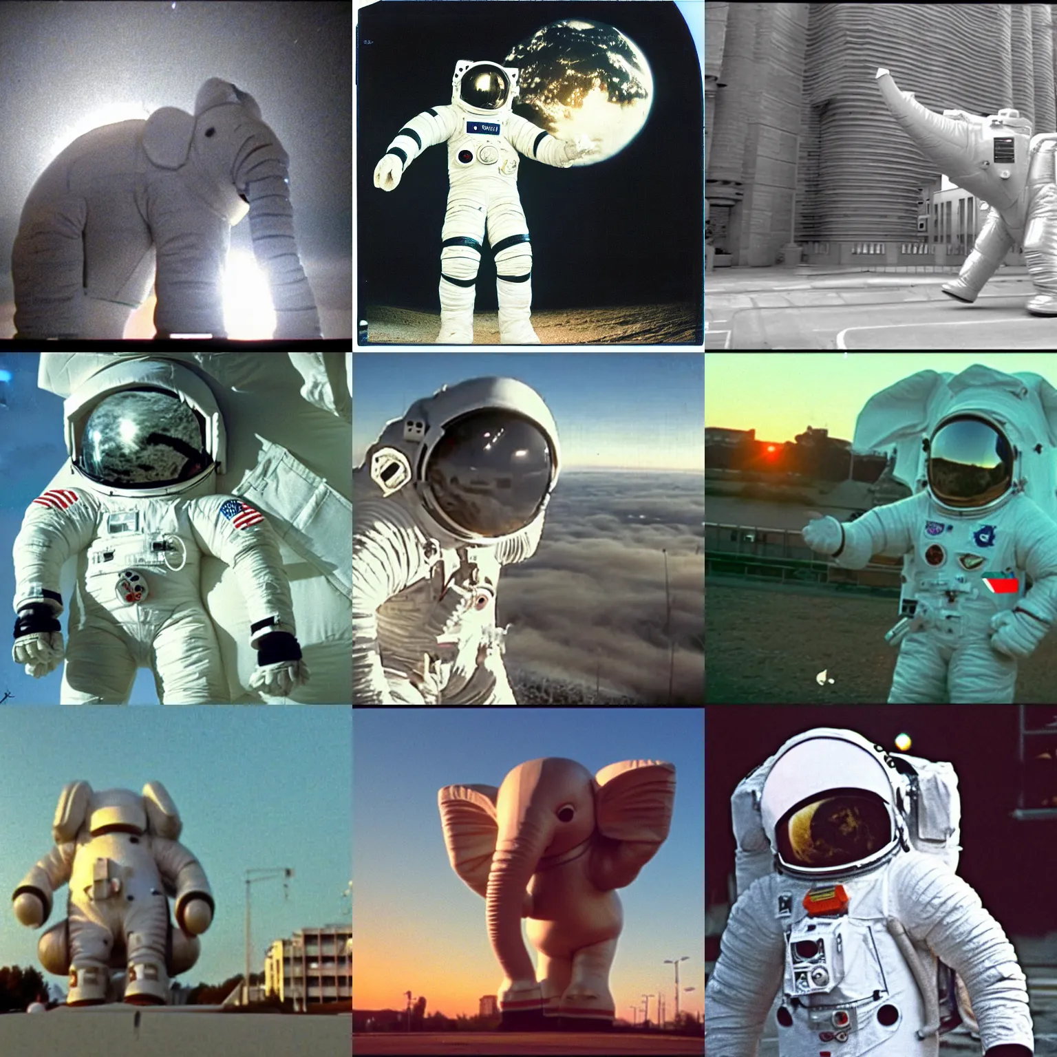 Prompt: vhs footage, giant elephant wearing white custom made american spacesuit with oversized giant helmet as astronaut animal, in legnica, sunrise, by vhs camcoder