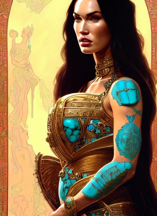 Image similar to portrait of megan fox as a queen, throne, jewelry, greek, turquoise, intricate, headshot, highly detailed, digital painting, artstation, concept art, sharp focus, cinematic lighting, illustration, art by artgerm and greg rutkowski, alphonse mucha, cgsociety