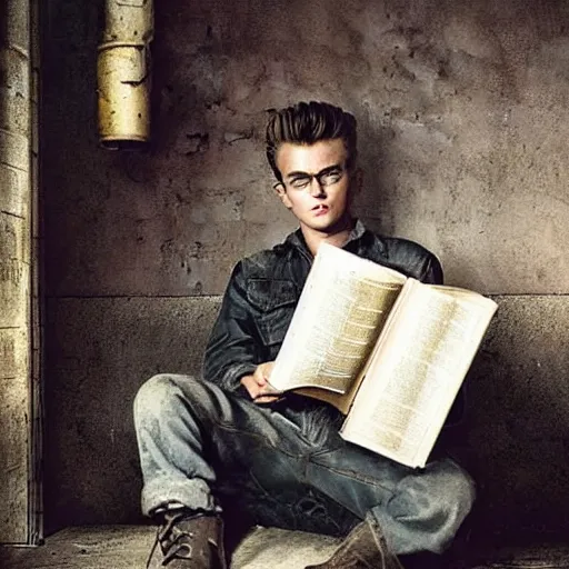 Image similar to a highly detailed epic cinematic concept art CG render digital painting artwork costume design: young James Dean as a well-kept neat anarchist rebel in 1950s USSR mechanic overalls and big boots, reading a book. By Greg Rutkowski, Ilya Kuvshinov, WLOP, Stanley Artgerm Lau, Ruan Jia and Fenghua Zhong, trending on ArtStation, subtle muted cinematic colors, made in Maya, Blender and Photoshop, octane render, excellent composition, cinematic atmosphere, dynamic dramatic cinematic lighting, aesthetic, very inspirational, arthouse