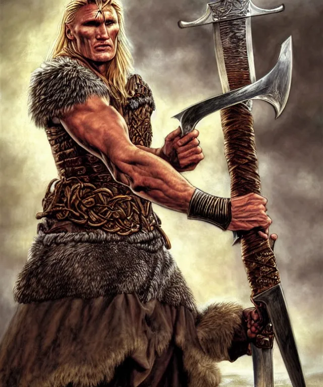 Image similar to a ( fantasy comic ) ( cover art ) portrait of ( dolph lundgren ) as a ( viking warlord ) pointing his sword at the viewer, oil painting by charles moll and don maitz and serhiy krykun and artgerm, photorealistic, d & d, highly detailed!, hd, 4 k, trending on artstation