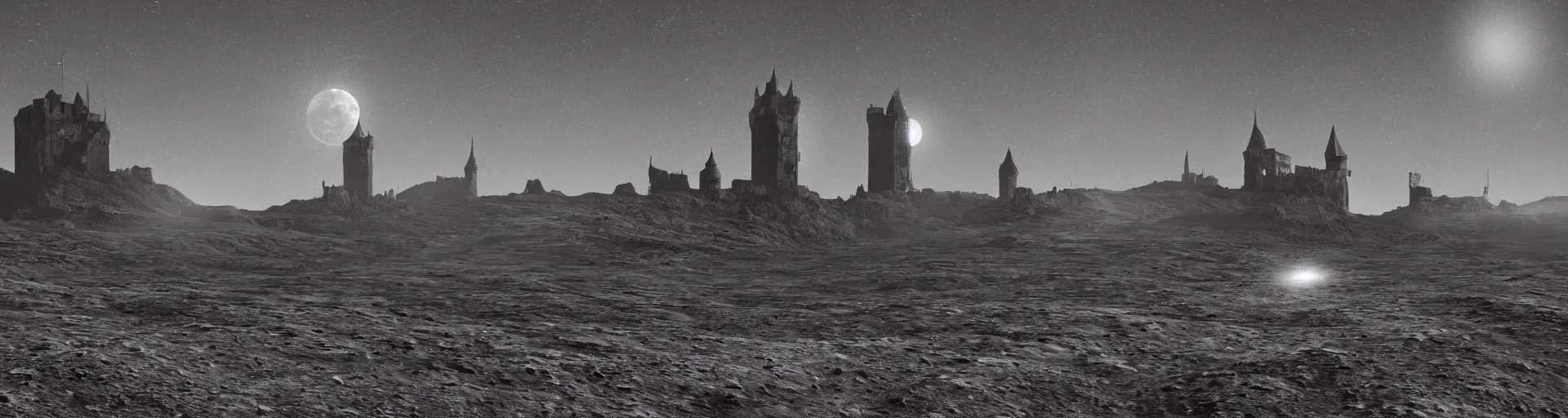 Image similar to landscape of the lunar surface with a spooky medieval castle tower on the far left, digital art