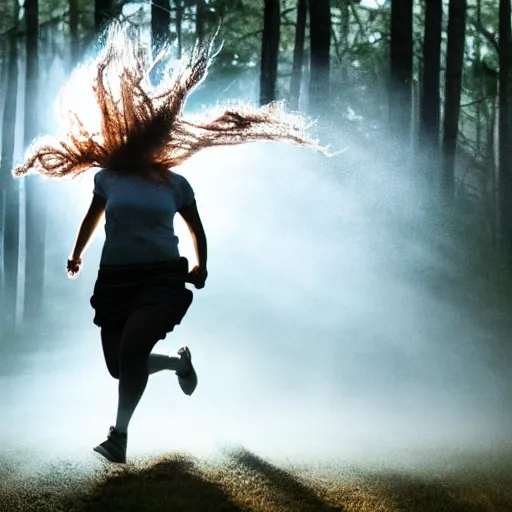 Prompt: a award winning photo of a woman spirit running in a forest, volumetric light effect