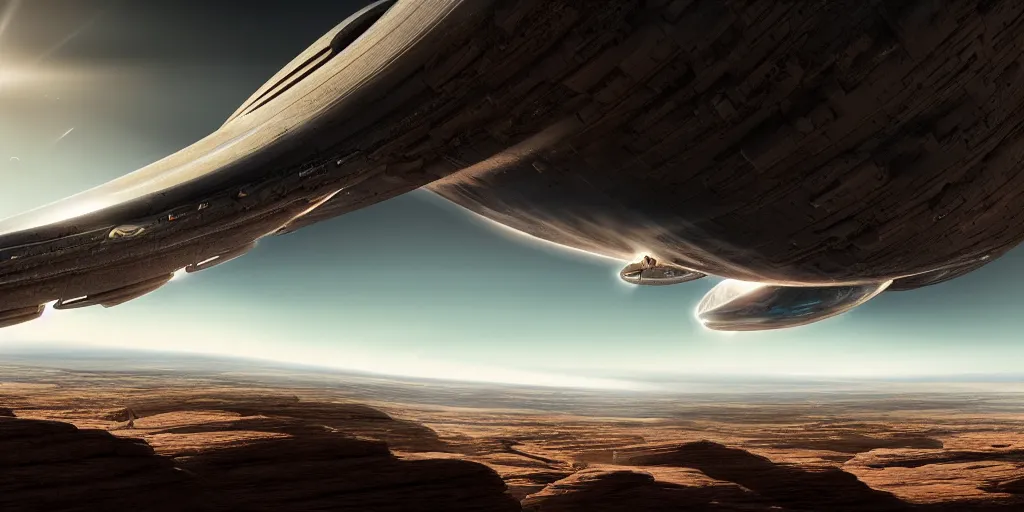 Image similar to giant tubular spaceship flying over rocky desert surface of planet, day, ultra high definition, ultra detailed, symmetry, god rays, sci - fi, dark fantasy, by paul chadeisson and denis villeneuve