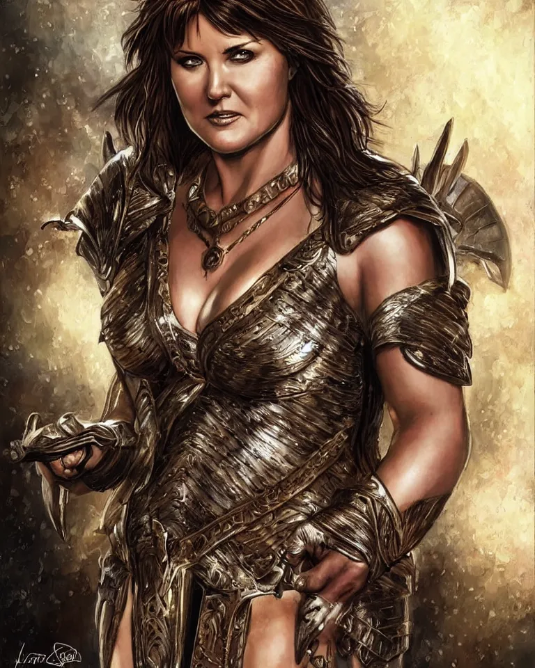 Image similar to lucy lawless, xena warrior princess as an amazon warrior, a tall beautiful woman with brown skin and long hair, dressed in hellenistic body armor, intricate, elegant, highly detailed, smooth, sharp focus, detailed face, art by ardian syaf