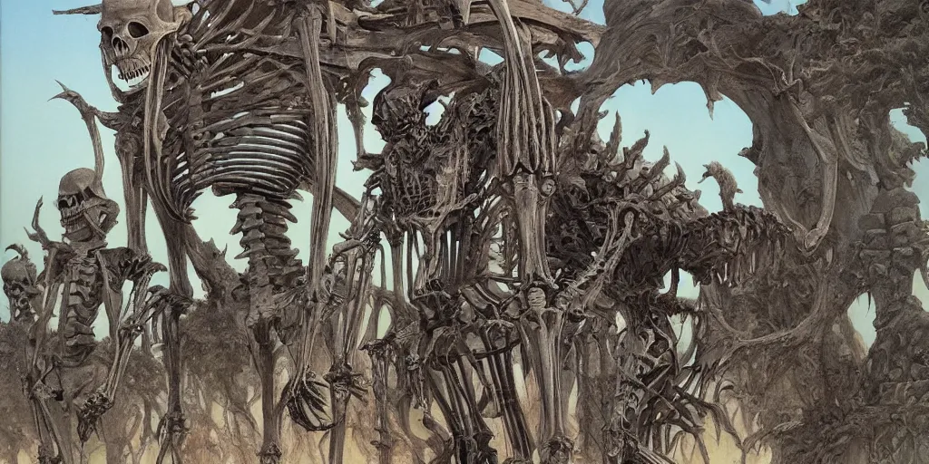 Prompt: Huge monster skeleton, in front of the temple, by Gerald Brom, Japanese Torii Gate