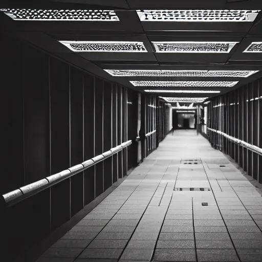 Prompt: Black military quadcopters, in the wide hallways in a futuristic prison underground, brutalist liminal architecture, sigma 85mm f/1.4, 4k, depth of field, high resolution, 4k, 8k, hd, full color