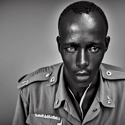 Prompt: black and white photo, portrait of rwandan soldier by richard avedon, realistic, Leica, medium format, cinematic lighting, parallax, high resolution,