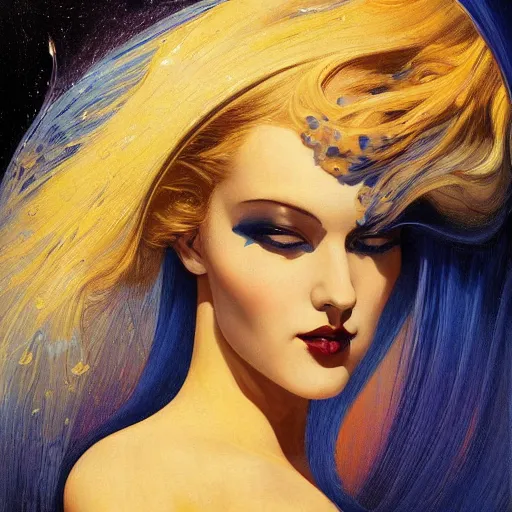 Prompt: a woman with blue and gold hair, an art deco painting by karol bak, featured on cgsociety, gothic art, poster art, art deco, tarot card