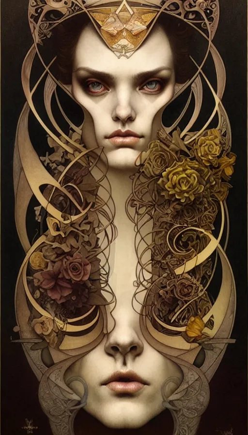 Image similar to M. C. Escher looking puzzled painted by tom bagshaw, mobius, mucha M. C. Escher, gold paint, ink, gnarly details