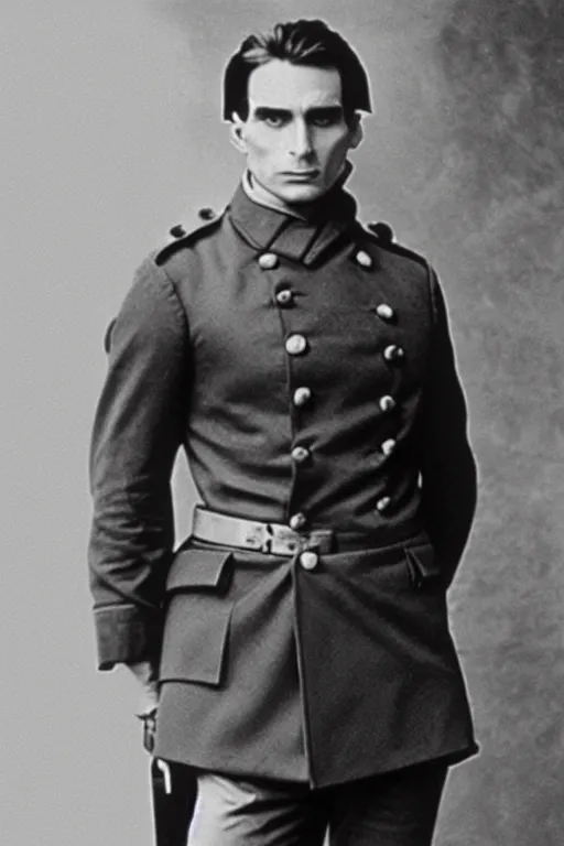 Image similar to patrick bateman as a french general during ww 1, black and white photography