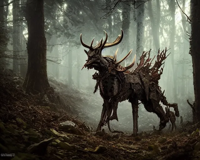 Image similar to 5 5 mm portrait photo of an armored demonic cat with antlers, in a magical forest. magical atmosphere. art by greg rutkowski. highly detailed 8 k. intricate. lifelike. soft light. nikon d 8 5 0.