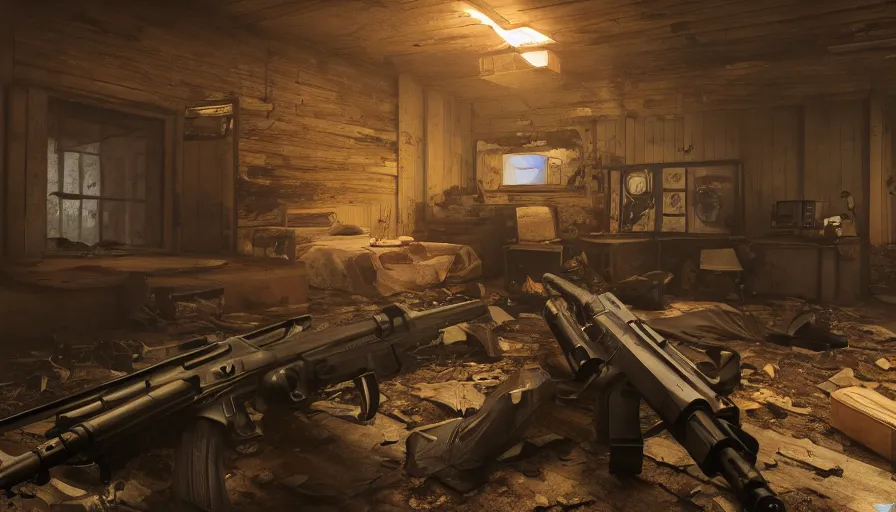 Image similar to fps shooter game, riflegun, abandoned dusty cabin, video game, hyperdetailed, artstation, cgsociety, 8 k