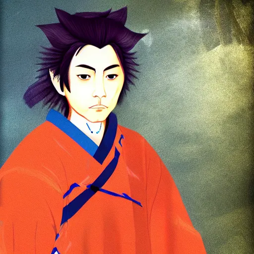 Prompt: Miyamoto Musashi as an 35 year old adolescent, digital art