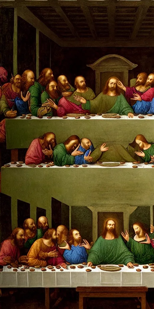 Image similar to the last supper with jesus, all the disciples are slimy green blobs, painted by leonardo da vinci