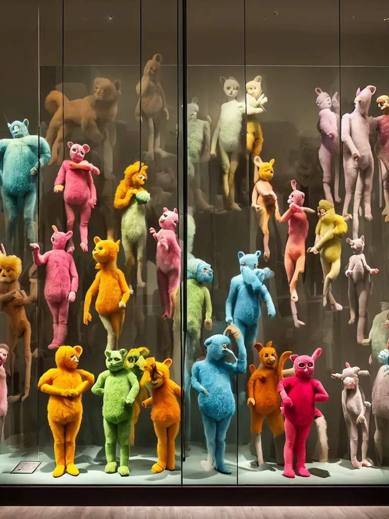 Image similar to diorama windowstore vitrine at the american museum of natural history, new york, of very realistic dissected teletubbies as furry animals, photography portrait aesthetic by guy bourdin