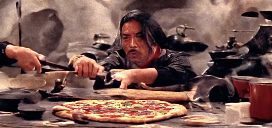 Prompt: scene from Kagemusha, 1980, movie still, cinematic, a chef using magic to make a pizza, epic,