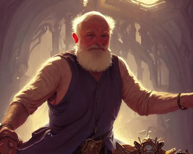 Image similar to old man doing a cartwheel, deep focus, d & d, fantasy, intricate, elegant, highly detailed, digital painting, artstation, concept art, matte, sharp focus, illustration, hearthstone, art by artgerm and greg rutkowski and alphonse mucha