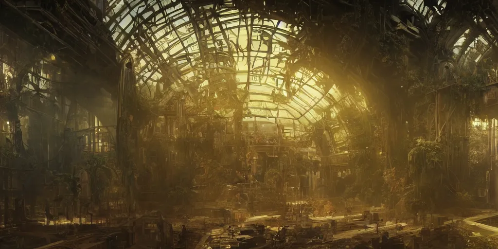 Image similar to octane render, ultra photorealistic, hyper detailed, unreal engine, aisles of amber liquid hyperbaric chambers preserving human bodies, breathtaking sci - fi gothic victorian greenhouse terrarium artwork by james cameron, greg rutkowski, alphonse mucha, james gurney inspired by blade runner 2 0 4 9