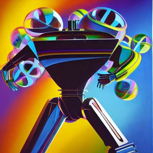 Image similar to a detailed rainbow colored surrealist painting by syd mead of a robot juggling icosahedrons, trending on artstation, masterpiece, incredible details