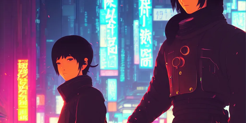 Image similar to digital illustration closeup portrait of cyberpunk samurai in city street at night by makoto shinkai, ilya kuvshinov, lois van baarle, rossdraws, basquiat | afrofuturism, in the style of hearthstone, trending on artstation | cool color scheme