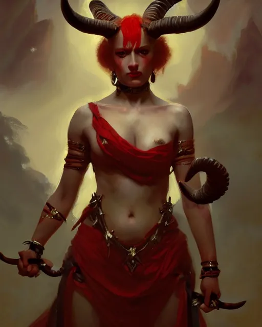 Image similar to painted close - up portrait of a red - skinned intimidating demon girl with ram horns. oil painting, wearing a noblewoman's outfit, fantasy art by greg rutkowski and john singer sargent and gaston bussiere and greg rutkowski, demon noble character design, hd