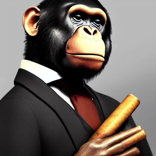 Image similar to a high detail photo of an antropomorphic chimp wearing a suit smoking a cigarrette, subject= chimp, subject detail: wearing a suit, subject action: smoking a cigar, photorealism, dramatic lighting, award winning photograph, trending on artstation