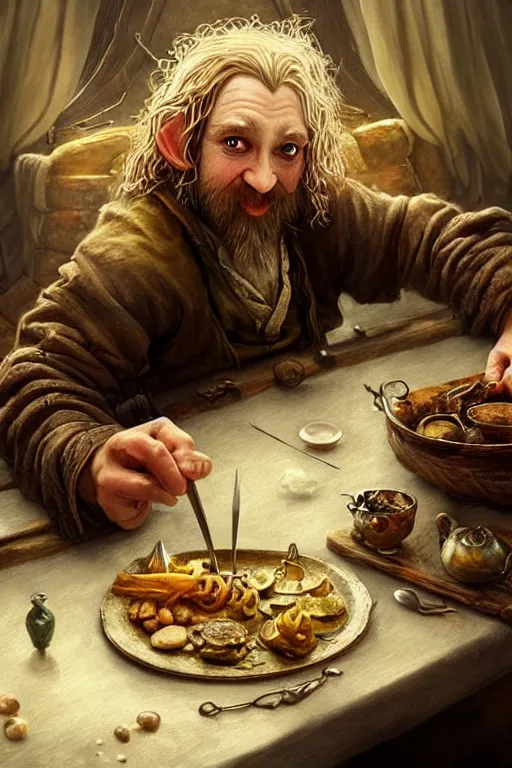 Image similar to dirty faced and very happy looking hobbit looking the table full of food, fantasy, intricate, elegant, highly detailed, digital painting, artstation, concept art, addiction, chains, smooth, sharp focus, illustration, art by Ilja Repin