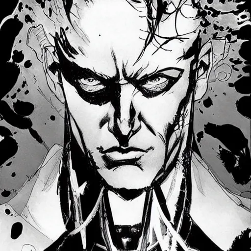 Prompt: DC vertigo The Sandman portrait by Yoji Shinkawa and Ashley Wood, black and white, ink brush