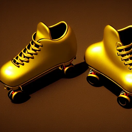 Prompt: a pair of golden roller skates, digital illustration, detailed, 8 k, artstation, detailed and intricate, 8 k resolution, hyperrealistic, octane render, cinematic 9
