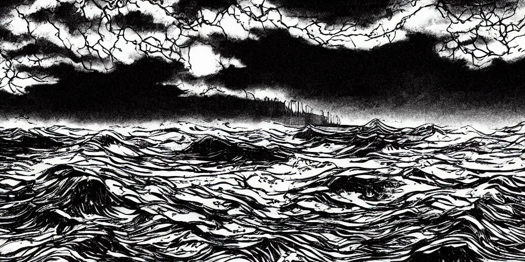 Image similar to illustration of the shore on a beautiful morning, monochrome, manga style, by Kentaro Miura, sharp, dramatic lighting