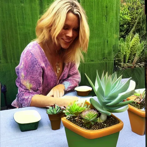 Image similar to painting by Rob Hefferans of a beautiful blonde woman with shoulder length hair in a forest green dress putting colorful succulents into rainbow pots at a square table