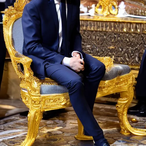 Image similar to emmanuel macron is sitting on the golden toilet, his trousers is down on his feet, detailed photography, 5 0 mm lens,