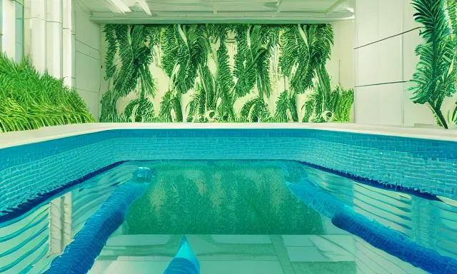 Image similar to 3d render of indoor pool with ferns and palm trees, pool tubes, chromatic abberation, depth of field, 80s photo