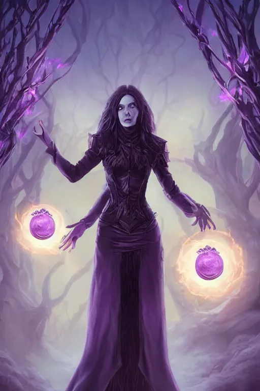 Image similar to a standing witch from D&D called Victoria conjuring a spell surrounded by violet rays and overlays, dark fantasy illustration, realistic, soft lighting, art by Artgerm and Peter tang,