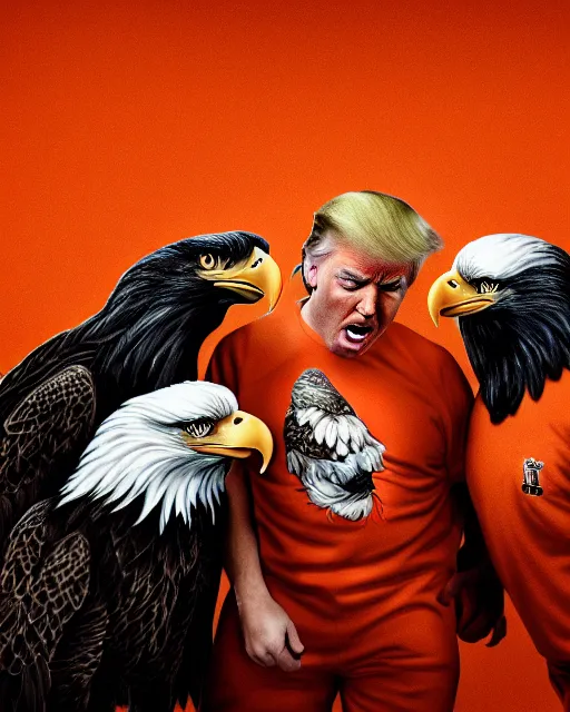 Image similar to Medium shot photo of eagles biting scared Donald Trump in prison jail wearing orange pajamas, octane, dramatic lighting, editorial photo, 35mm, very detailed